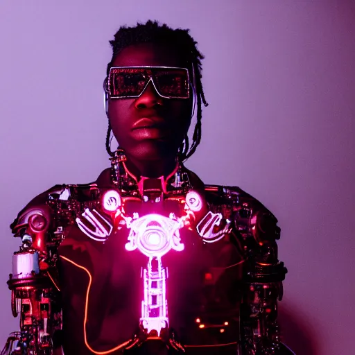 Image similar to a cinematic film still of rapper unotheactivist as a cybernetic cyborg, cgi, surrealism, cold lighting, film photography