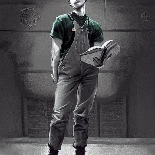 Prompt: a highly detailed epic cinematic concept art CG render digital painting artwork costume design: young James Dean as a well-kept neat anarchist rebel in 1950s USSR green dungarees and big boots, reading a book. By Greg Rutkowski, Ilya Kuvshinov, WLOP, Stanley Artgerm Lau, Ruan Jia and Fenghua Zhong, trending on ArtStation, subtle muted cinematic colors, made in Maya, Blender and Photoshop, octane render, excellent composition, cinematic atmosphere, dynamic dramatic cinematic lighting, aesthetic, very inspirational, arthouse