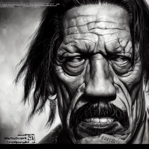 Image similar to Portrait of Danny Trejo, realistic character concept, warhammer fantasy, dark and gritty atmosphere, golden ratio, cinematic lighting, hyperdetailed, high resolution, insanely detailed and intricate, Oscar Soler, trending on artstation