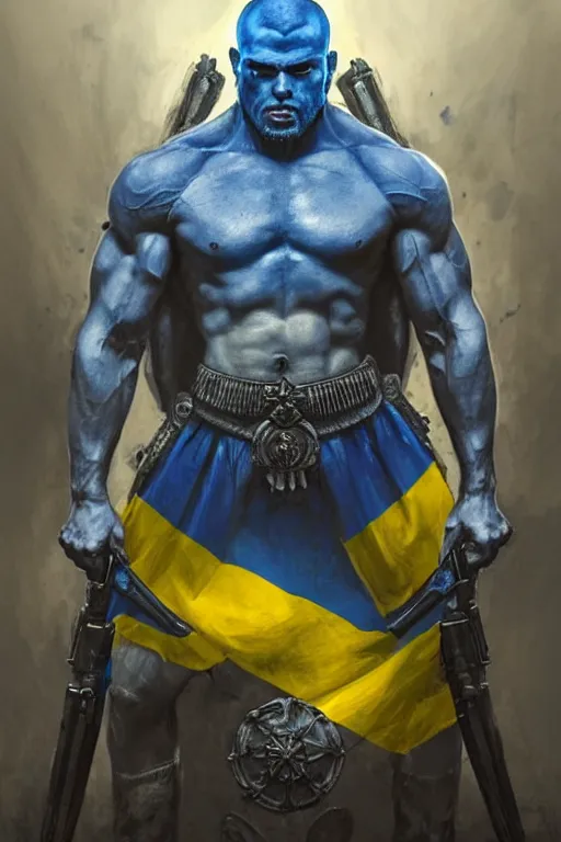 Image similar to a distant shot from below of a Ukrainian super soldier with blue and yellow flag behind him and a trident symbol on the chest standing alone on a huge pile of skulls posing as a winner, masculine muscular figure, D&D, fantasy, intricate, elegant, highly detailed, extremely detailed, digital painting, artstation, concept art, matte, smooth, hyper realistic, sharp focus, illustration, art by Artgerm and Greg Rutkowski and Alphonse Mucha