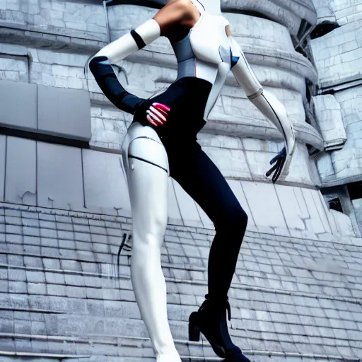 Image similar to a ghost in the shell inspired full shot photographic portrait of a woman in a complex top model pose wearing top urban futuristic fashion clothing