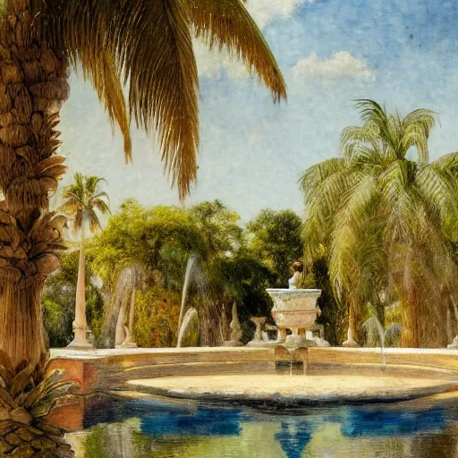 Image similar to a ultradetailed beautiful painting of a old fountain in the amazonas palace balustrade designed by jules bastien - lepage, tarsila do amaral, frank weston and gustave baumann, beach, trending on artstation, mediterranean, palm trees, sharp focus, soft light, 8 k 4 k