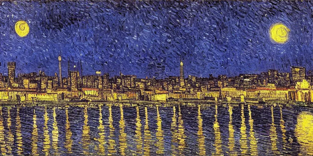 Image similar to tehran skyline in a winter night, a full moon, art by vincent van gogh