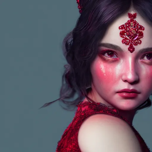 Image similar to portrait of wonderful princess of ruby with fair skin, ornate 8 k gorgeous intricate detailed, red accent lighting, dramatic light, octane render