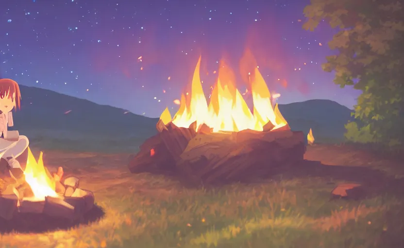 Prompt: a lonely girl roasting a marshmallow over a campfire at night on the Appalachian Trail, warm and wholesome glow, anime scene by Makoto Shinkai, digital art, 4k