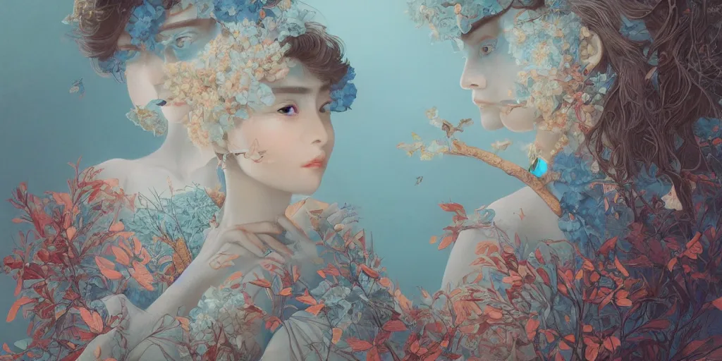 Prompt: breathtaking detailed concept art painting blend of two goddess of light blue flowers by hsiao - ron cheng with anxious piercing eyes, vintage illustration pattern with bizarre compositions blend of autumn leaves and fruits and birds by beto val and john james audubon, exquisite detail, extremely moody lighting, 8 k