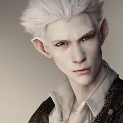 Image similar to studio portrait of albino snow elf archer, handsome, elegant, ultrafine hyperrealistic detailed face illustration by kim jung gi, irakli nadar, intricate linework, sharp focus, bright colors, matte, octopath traveler, final fantasy, unreal engine highly rendered, global illumination, radiant light, intricate environment