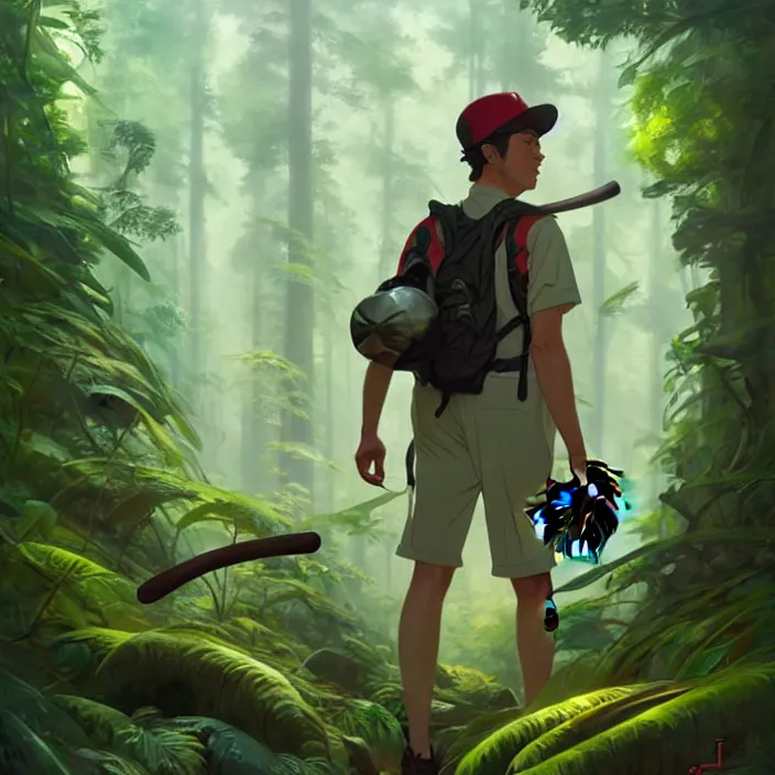 Image similar to a man with a baseball hat hiking through a deep lush forest space ship pilot in the style of studio ghibli, j. c. leyendecker, greg rutkowski, artem