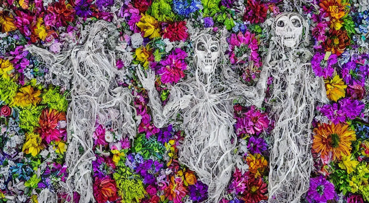 Prompt: a psychedelic ghost made of flowers and silver