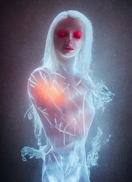 Prompt: beautiful girl with translucent skin heart made of ice glowing from beneath the skin, Oregon's glowing, professional photography, science fiction, biblical