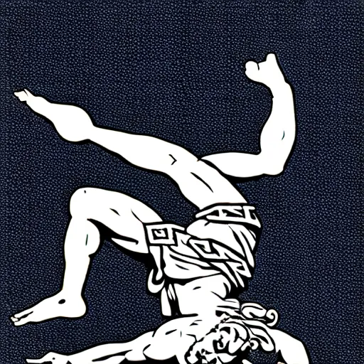 Prompt: Greek God Zeus breakdancing, wearing generic ancient greek clothing, Zeus is in black and white, the background color is blue, in the style of Alex Heywood and Minna Sundberg