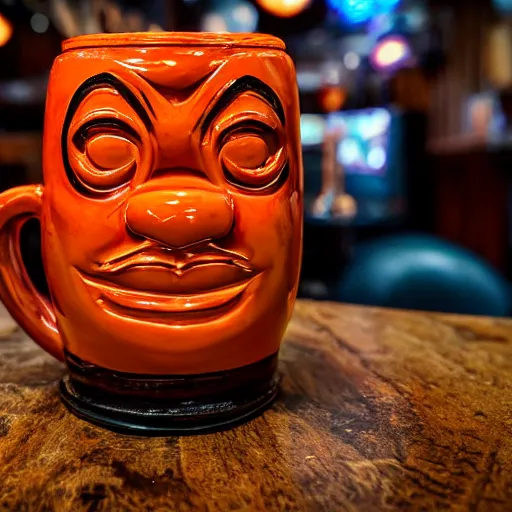 Image similar to a closeup photorealistic photograph of a glossy orange cat garfield style tiki mug sitting at a trader vic's bar featuring garfield's face. tiki party. bright scene. fine detail. this 4 k hd image is trending on artstation, featured on behance, well - rendered, extra crisp, features intricate detail, epic composition and the style of unreal engine.