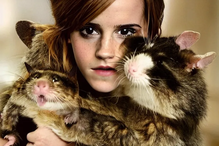 Prompt: photo, emma watson as anthropomorphic furry - rat, she is a real huge fat rat, cats! are around, eating cheese, highly detailed, intricate details