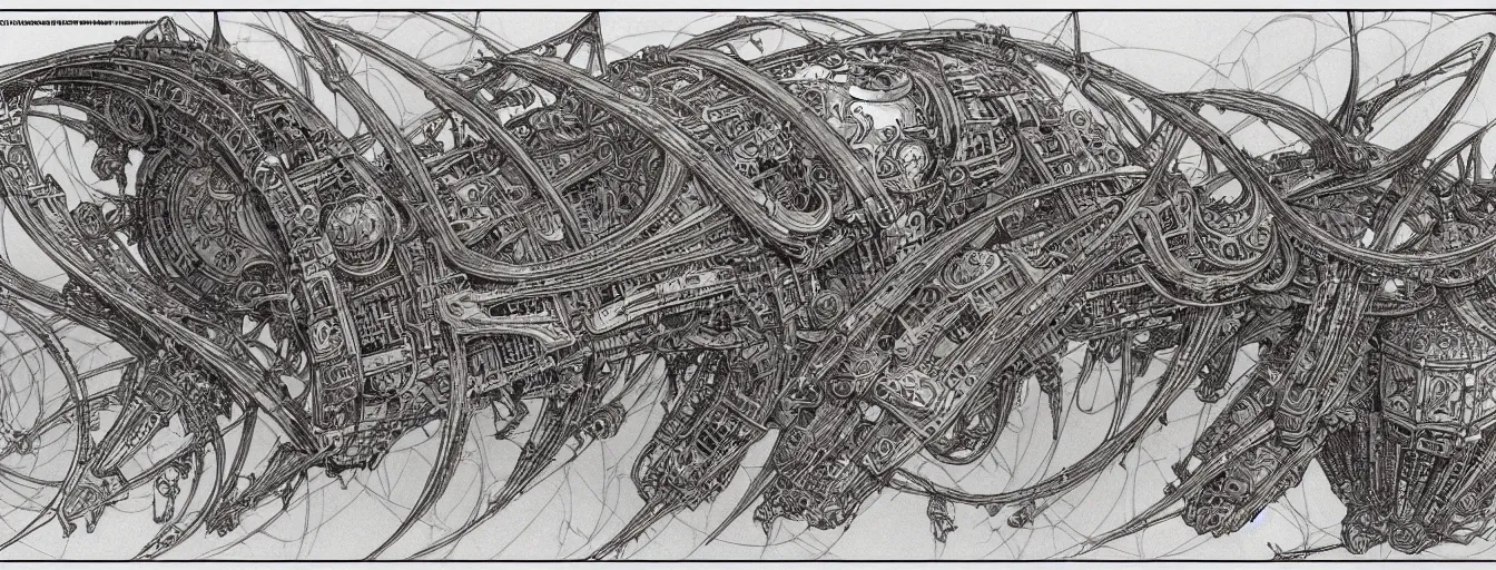 Image similar to highly detailed concept art sheet drawing, side view, sf interstellar travel drive designs, intricate and stylized spaceship designs by zdizslaw beksinski, h. r giger, alphonse mucha