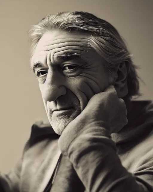 Prompt: Robert de Niro in the role of Kermit the Frog (2005); promotional photo; bokeh, 90mm, f/1.4