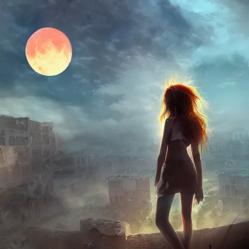 Prompt: A beautiful picture of a suicidal girl against the background of ruins of a destroyed city and a yellow -red moon, artstation, extremely detailed, stunning volumetric lighting, atmosphere, hyper realism