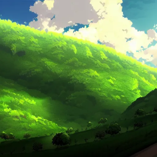 Image similar to big juicy green hills in anime style, 4K,