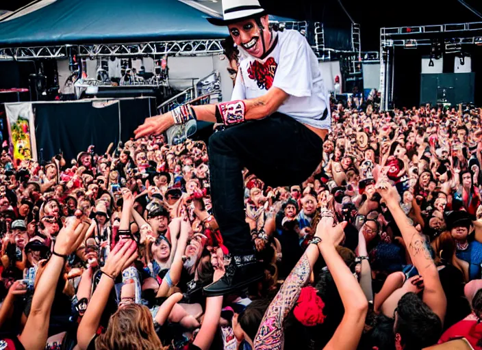 Prompt: photo still of count chocula on stage at vans warped tour!!!!!!!! at age 3 8 years old 3 8 years of age!!!!!!! stage diving into the crowd, 8 k, 8 5 mm f 1. 8, studio lighting, rim light, right side key light