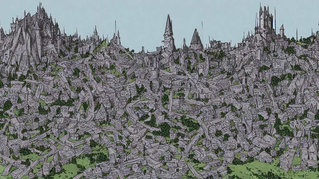 Image similar to a genndy tartakovsky illustration of minas tirith from lord of the rings