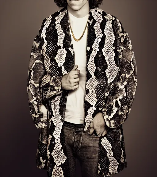 Image similar to detailed attractive characther portrait of jesse eisenberg wearing oversized snake skin jacket and golden chain, realistic, wide angle, dramatic light 8 k