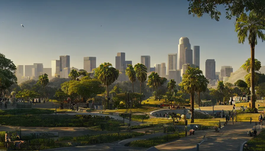 Image similar to giant green museum dome built in los angeles with parks, bench and water with city of los angeles very far away in the background, sunny day, hyperdetailed, artstation, cgsociety, 8 k