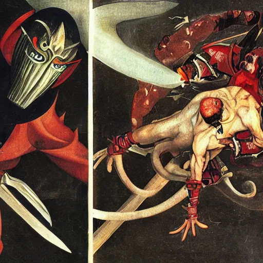 Image similar to Paul Phoenix fights Yoshimitsu, by Hieronymous Bosch