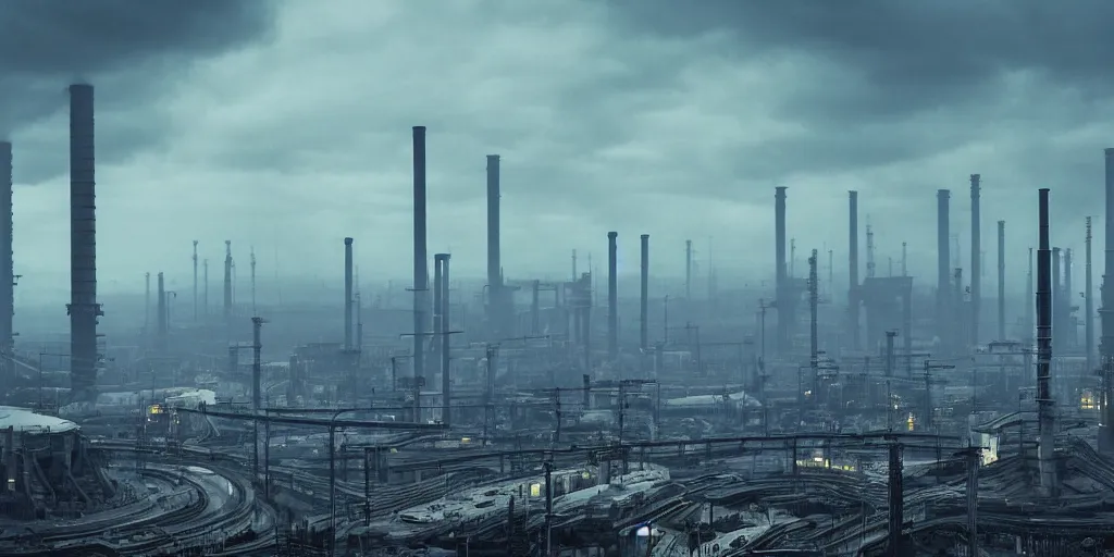 Image similar to industrial science-fiction landscape, huge mechanical towers, ground full of factories and pipes, under a dark cloudy sky, in the style of Blade Runner