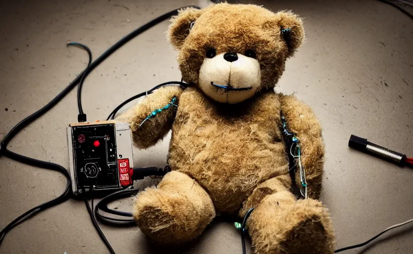 Image similar to laying teddy bear, dirty fur, robotic, sad eyes, hole in fabric, wires coming out, circuit, electricity, mud, outdoor, dirt, neon lights, glow sticks, realistic photography