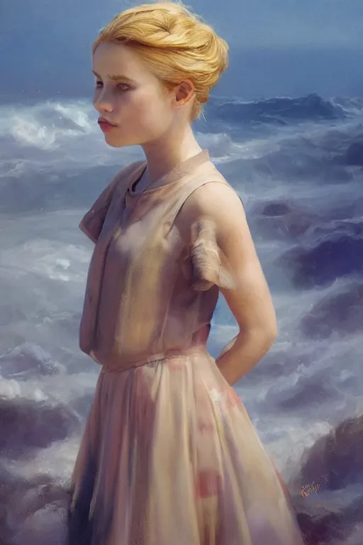 Image similar to an epic painting of a young girl, complete figure view, golden blonde hairstyle, subject wearing a navy blue dress, flowing, ornate, kawaii, beautiful, coral red, mint, taupe, with few baby blue highlights, cinematic light, volumetric shading, by Greg Rutkowski and Jeremy Mann, trending on Artstation, 80mm lens, oil on canvas