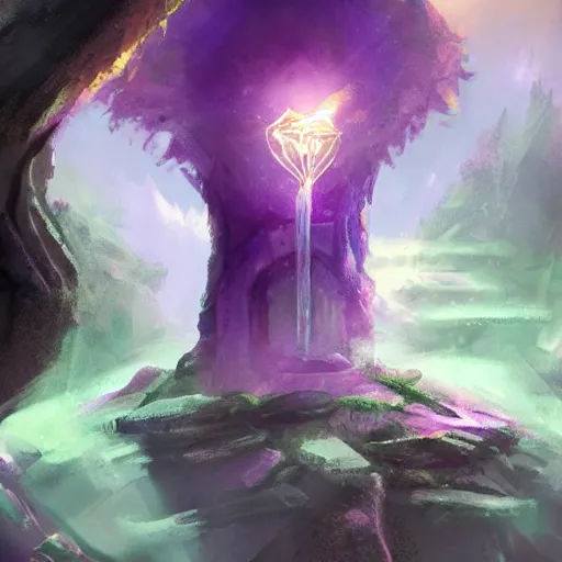 Prompt: Amethyst potion, inner light. Masterful fantasy concept art.