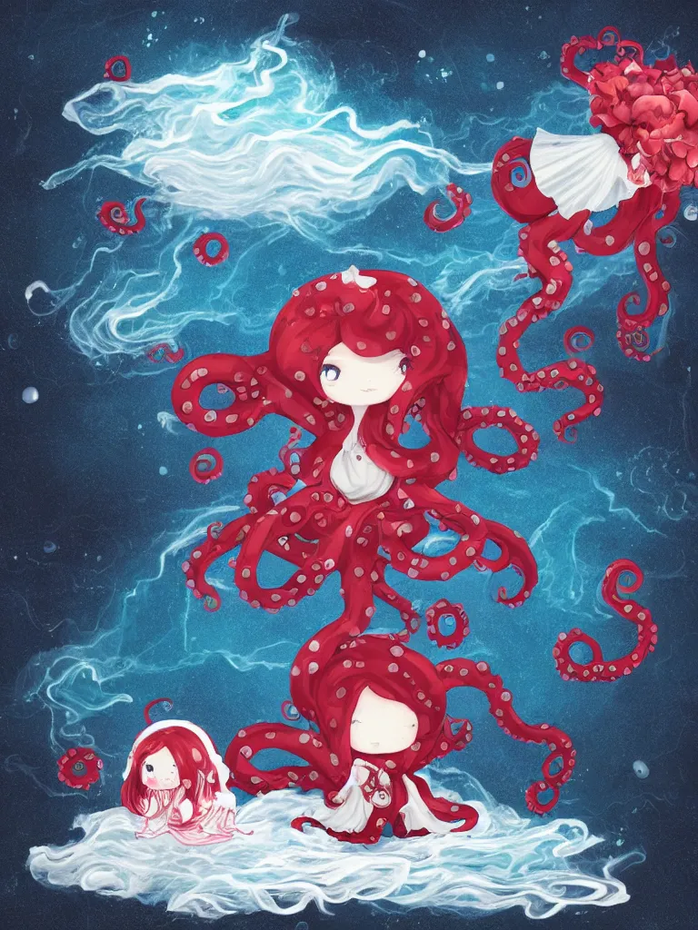 Image similar to cute fumo plush chibi gothic octopus maiden princess boy washing his hair in the waves of the wavering dark galactic abyss, long black and red ruffled intricate dress with ribbons, ocean wave thunderstorm and reflective splashing water, wisps of smoke and haze and volumetric fog, ocean simulation, vignette, vray