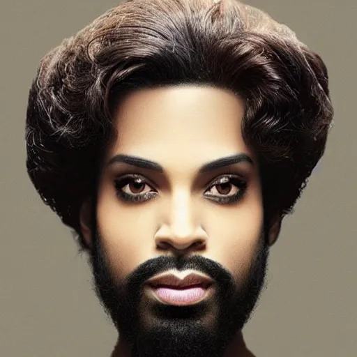 Image similar to prince with a beard and long hair, dark skin, Arabic, highly detailed, hyperrealistic