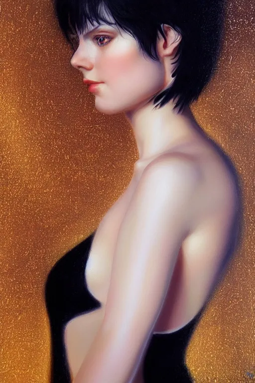 Image similar to Portrait of a beautiful pale skin Nordic female with short black hair, elegant, photorealistic, highly detailed, artstation, smooth, sharp focus, gold ornaments, neon lighting, sci-fi, art by Klimt.