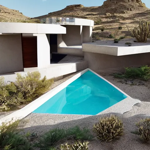 Image similar to brutalism conceptual house in the desert, biophilia mood, pool, garden, highly detailed, cinematic, photorealistic,