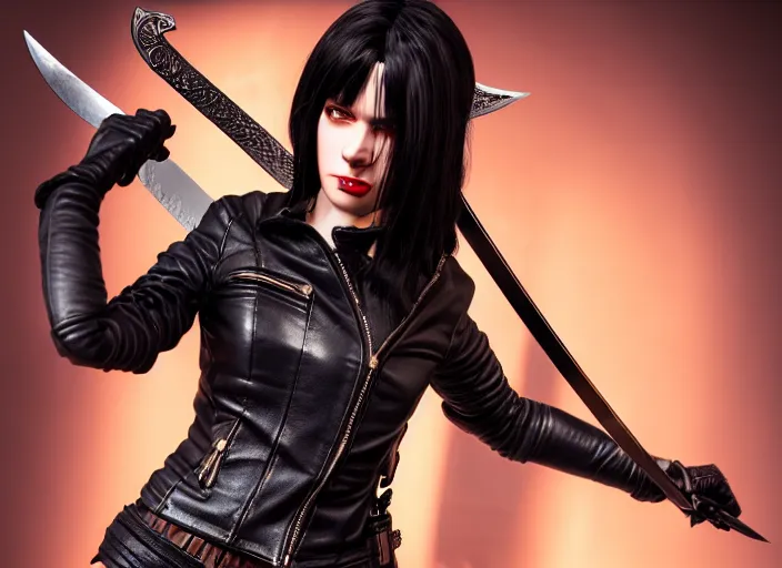 Image similar to black haired woman in a leather jacket, a sword fight, action pose, movie scene, highly detailed, intricate, face enhance, long sharp intricate sword, trending on artstation, action pose