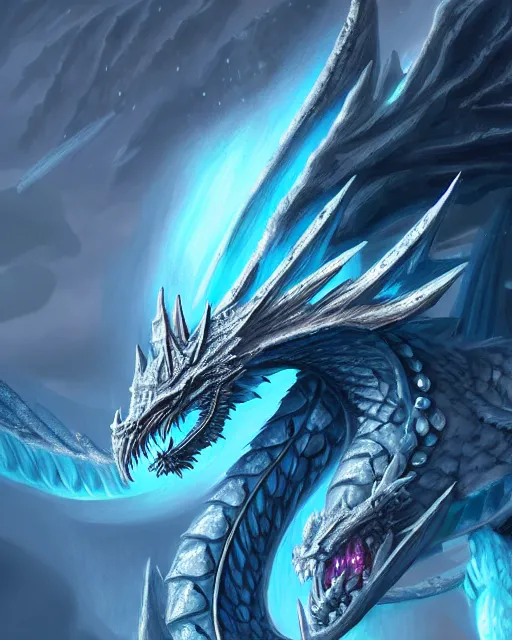 Prompt: Detailed illustration of a fantasy ice dragon, blizzard concept artists, elder scrolls, intricate, trending on artstation, deviantart, 8k, vibrant, high res