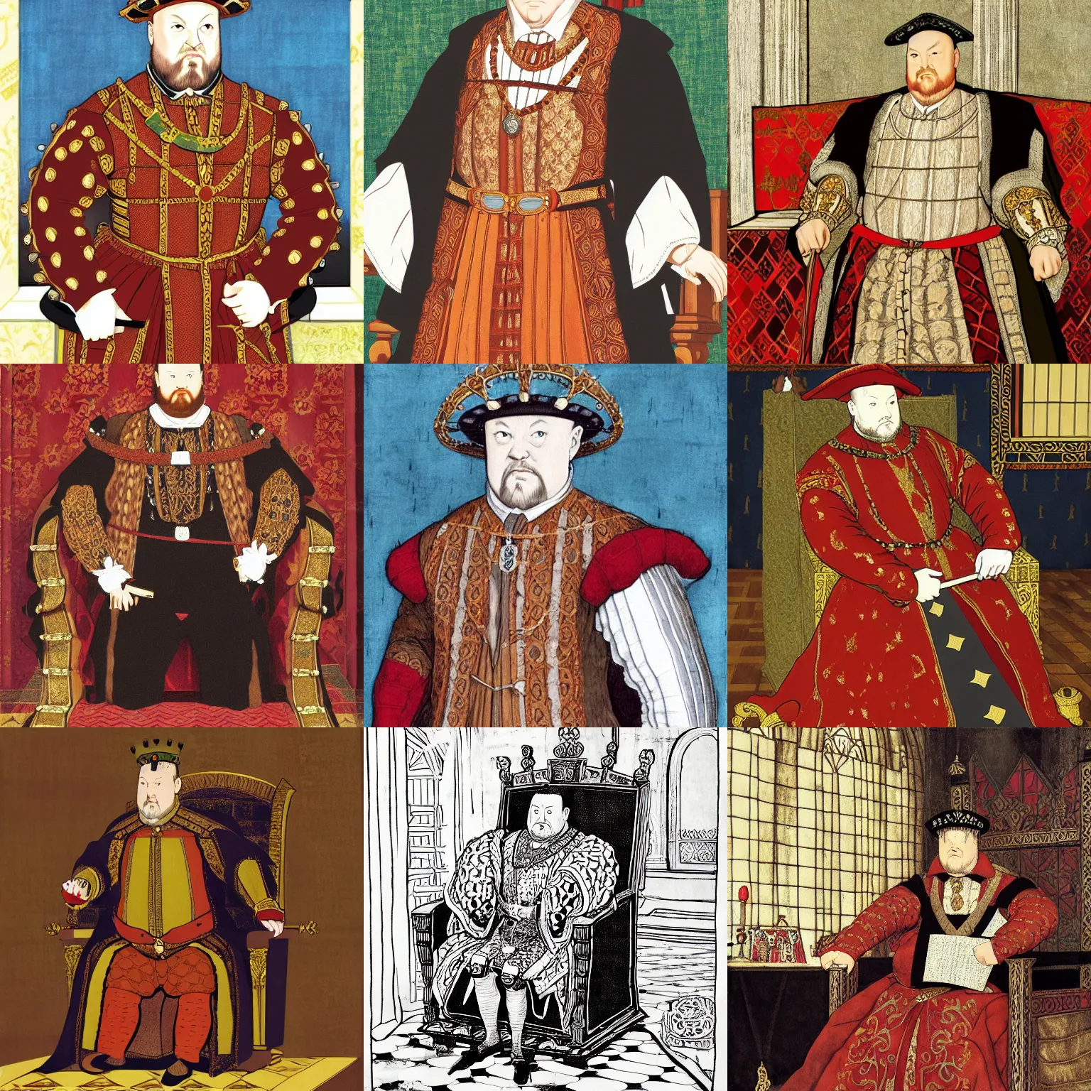 Prompt: Henry VIII on his throne, relaxed, anime portrait by Makoto Shinkai and Satoshi Kon