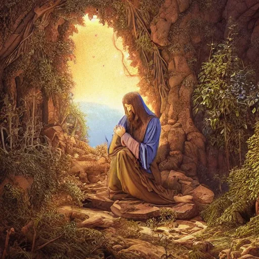 Image similar to Agony in the Garden of Getsemane. Beautiful and sad, digital art, hyper detailed intricate painting