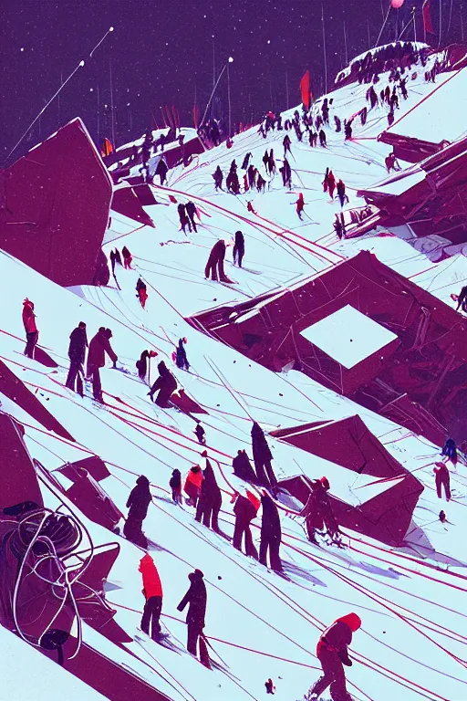 Image similar to by moebius and atey ghailan | the bottom of a ski slope with a huge pile of tangled up skiers |