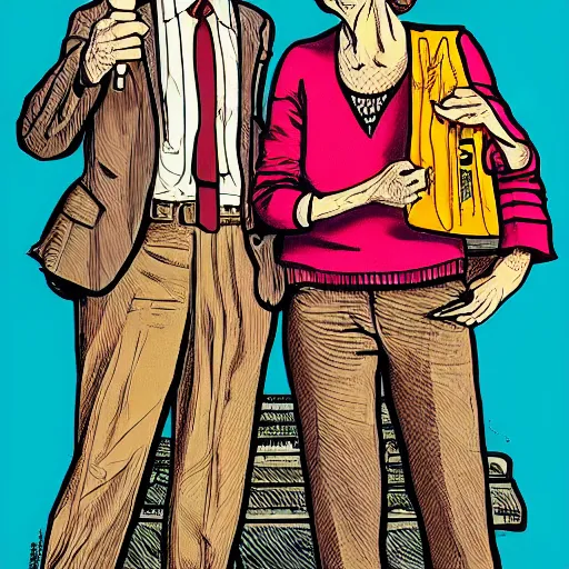 Prompt: The Artwork of R. Crumb and his Cheap Suit Klaus Schwab and Elizabeth Warren, pencil and colored marker artwork, trailer-trash lifestyle