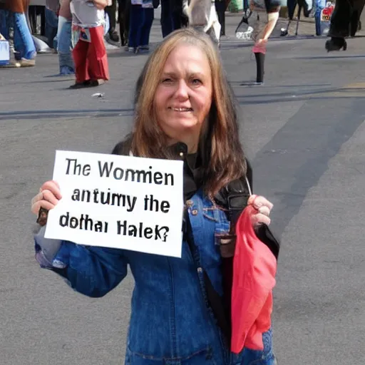 Image similar to a woman holding a sign that says