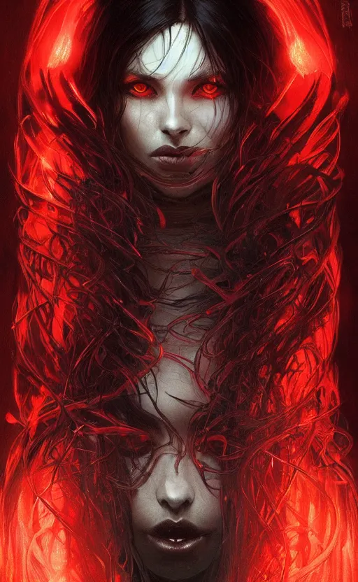 Image similar to Portrait of a dark witch, dark filaments, red glowing eyes, menacing, intimidating, intricate, headshot, highly detailed, digital painting, artstation, concept art, sharp focus, cinematic lighting, illustration, art by artgerm and greg rutkowski, alphonse mucha, cgsociety