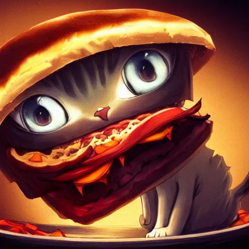 Image similar to deeply terrified cat running away from the giant carnivorous sandwich, artstation hq, dark phantasy, stylized, symmetry, modeled lighting, detailed, expressive, true unsimulated emotions, created by hayao miyazaki