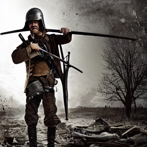 Prompt: Photo of a man wearing a combat helmet on his head holding a musket, postapocalyptic