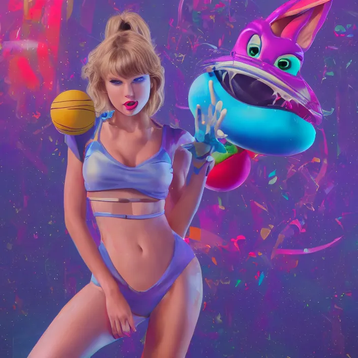 Image similar to portrait of Taylor Swift as Lola Bunny in Space Jam 1996. intricate abstract. intricate artwork. by Tooth Wu, wlop, beeple, dan mumford. octane render, trending on artstation, greg rutkowski very coherent symmetrical artwork. cinematic, hyper realism, high detail, octane render, 8k, iridescent accents