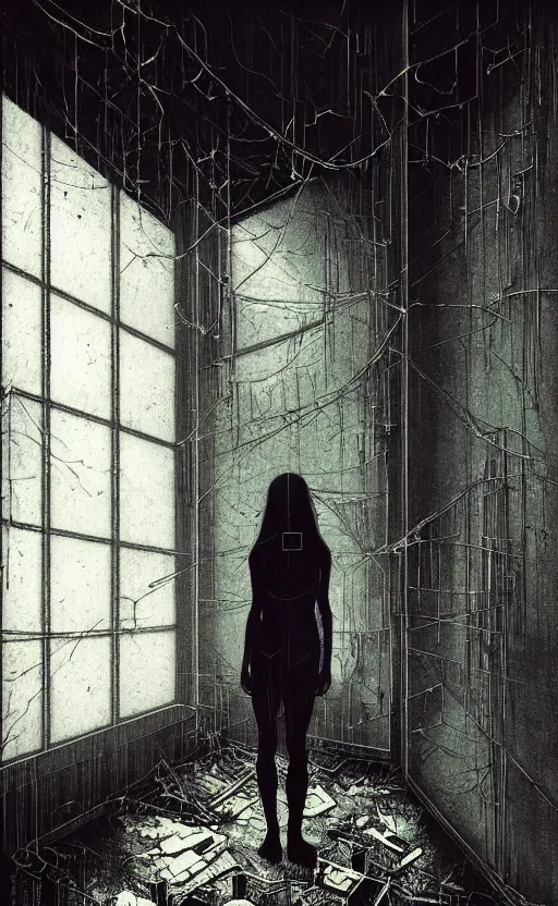 Image similar to vertical movie frame portrait of girl inside abandoned bedroom, ominous backrooms at distance seen through big broken shattered window, giger interior design, architectural design, vintage, liminal aesthetic, dreamcore, weirdcore, clean lines, wide angle, by wayne barlowe, tsutomu nihei, zdzislaw beksinski,