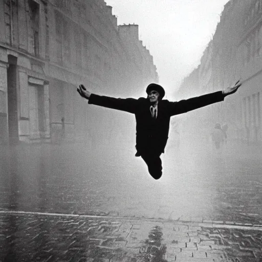 Prompt: the man leaping in a raining paris street, by henri cartier bresson,