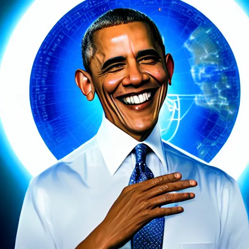 Prompt: Obama has a Astrology Magic Circle Blue Light floating above his hand, Obama is smiling towards the viewer, 40nm lens, 4k,