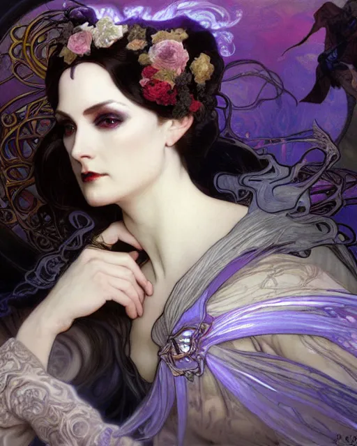 Image similar to wlop and alfons mucha detailed portrait digital rococo painting of a beautiful serious villainess wearing fantasy clothing like liliana vess, villainess has black angel wings, evil mood, hellish battlefield in the background, unreal engine, embers flying, hyper realism, realistic shading, cinematic composition, blender render, octane render, ultrawide shot