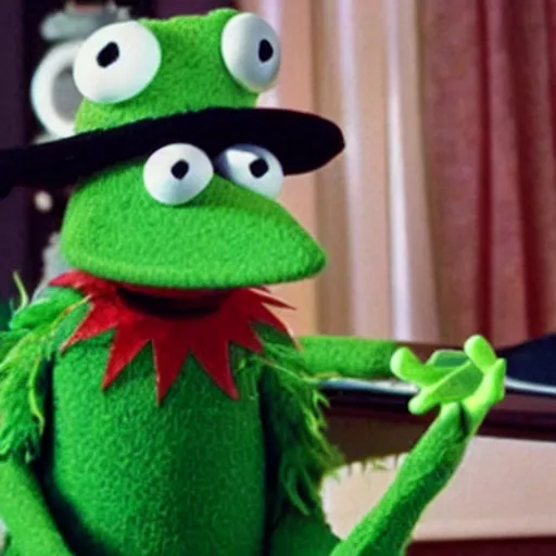 Prompt: kermet the frog from the muppets dressed as a 2000 scene emo